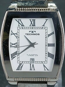TECHNOS テクノス T9186 メンズ アナログ クォーツ 腕時計 ホワイト文字盤 シルバー タングステン メタルベルト 電池交換済み 動作確認済み