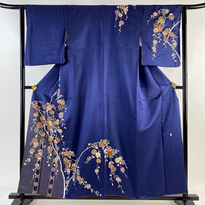 訪問着 身丈156cm 裄丈62.5cm S 袷 吾妻徳穂 落款 枝垂れ桜 縞 金彩 刺繍 紺色 正絹 名品 【中古】