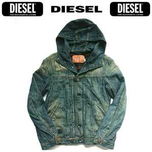 超名作 DIESEL ディーゼル 国内正規品 USED加工 高級ヴィンテージデニムシルクウールブランケットライニングフーデッドジャケット S 美品