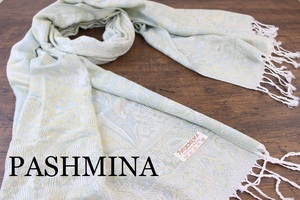 新品【パシュミナ Pashmina】BIGペイズリー柄 ホワイト系グリーン WHITE GREEN 大判 ストール カシミア100% Cashmere