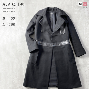 A.P.C. 厚手 ウール レザー 異素材 切り替え ダブル Aライン 総裏地 ロング チェスターコート 黒 ブラック 秋 冬 起毛 40 レディース M 9号