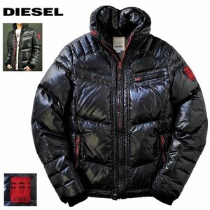 極美品 定価4.5万 極暖! DIESEL ディーゼル WEROCK ワッペン 襟内フード内蔵 シャイニー バイカー ダウンジャケット XL/LL 黒赤 ライダース