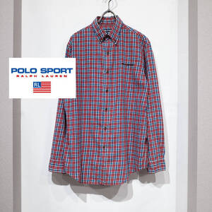 170（S〜Ｍ位） / 90s POLO SPORTS RALPH LAUREN ポロスポーツ ラルフローレン 長袖 Ｂ.D ネルシャツ チェック 赤 古着 ロゴ刺繍 アメカジ