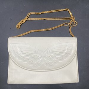 O104 HANAE MORI ハナエモリ ヴィンテージ 2WAY 蝶 型押し チェーン クラッチ ショルダー バッグ アイボリー　中古・古着