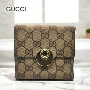 GUCCI ウォレット 二つ折り Wホック GGキャンバス ブラウン