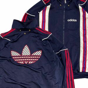 90s adidas トラックジャケット L ネイビー トレフォイル　ロゴ ライン ジャージ トラックトップ フルジップ アディダス ヴィンテージ