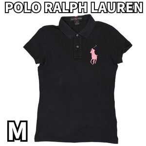 ピンクポニーの代表作★希少　POLO RALPH LAUREN ポロラルフローレン　ポロシャツ ビックポニー 刺繍 半袖 レア　黒　ピンク　M