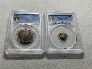 1円出品！売り切りです！インドコイン2枚セット！1833年 ボンベイ保護領 1/4An銅貨 AU55、1570-1890年 ポールバンダル コリ銀貨 AU50