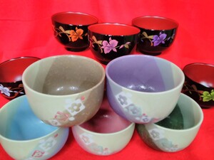 g_t F974 アンティーク　和食器　汁椀(合成漆器)&小鉢(陶器)　10点セット　箱入り　　☆高さ…約7cm約、口径…約10.5cm