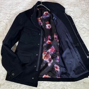 美品【カシミヤ混】Paul Smith ポールスミス M-65 メルトンウール 羊毛 厚手 ミリタリージャケット 花柄 総柄裏地 ネイビー コート 秋冬