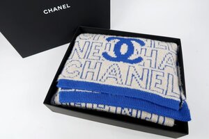 【超美品】CHANEL シャネル マフラー カシミヤ ウール シルク 214×35 ブルー系 ココマーク【QJ98】