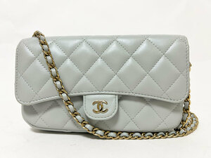 CHANEL シャネル フラップ フォンケース ショルダーバッグ ポーチ チェーンウォレット マトラッセ ラムスキン グレー AP2096