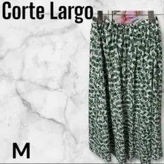 【Corte Largo】Ｍ グリーン葉柄ロングスカート アシンメトリー