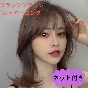 667　レイヤーロング　フルウィッグ　WIG かつら　コスプレ　韓国アイドル 変装　女装　自然黒　ナチュラル　ブラックブラウン　ネット付き