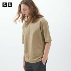 ユニクロ　エアリズムコットンオーバーサイズTシャツ（5分袖）　ベージュ　Ｌ　ユニセックス