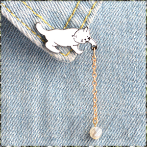 [BROOCH] Lapel Pin Cat & Pearl ゴールド チェーン パール ネコ と 真珠 ピンブローチ