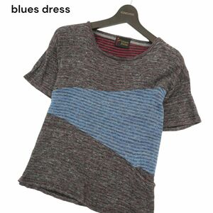 blues dress ブルードレス 春夏 麻 リネン&コットン★ 切替 ボーダー 半袖 ニット カットソー Tシャツ Sz.M　メンズ 日本製　A4T04572_4#J