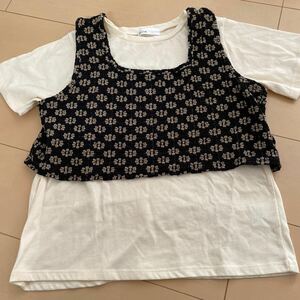 新品　ベスト付きTシャツ　M 半袖　お花　オフホワイト　×ブラック