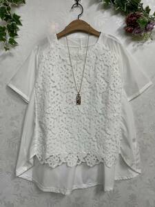 ★新品 お花刺繍スカラップレース フィッシュテールチュニック M~L（WH)