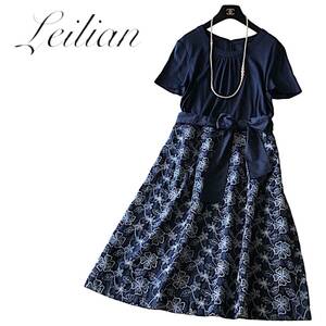 B18◆極美品 レリアン Leilian プラスハウス 大きいサイズ 13+ XL前後 フレア ワンピース 涼しい 薄手 花柄 フラワー 刺繍 美ライン 春夏