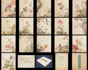 【真作】【渡鹿庵】[郎世寧] 15578 絵画 中国画 工芸印刷 「仙萼長春図」 16枚 箱額付 花鳥図 二玄社 在銘