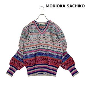 10T232☆ MORIOKA SACHIKO モリオカサチコ ウール100% 総柄 Vネック ニット セーター 秋冬 トップス ヴィンテージ 防寒 FREE 森岡幸子