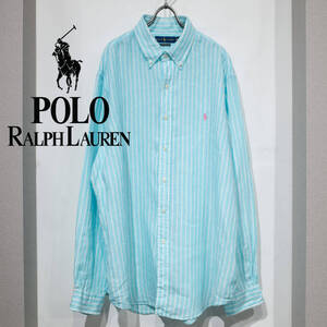 XXL / POLO RALPH LAUREN ポロラルフローレン B.D 長袖 オーシャンウォッシュ リネンシャツ ストライプ ブルー 水色 オーバーサイズ