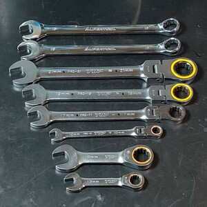 中古品 トップ工業 TOP スーパーツール SUPERTOOL コンビネーションスパナ 8点セット 首振り ラチェット 10mm〜21mm