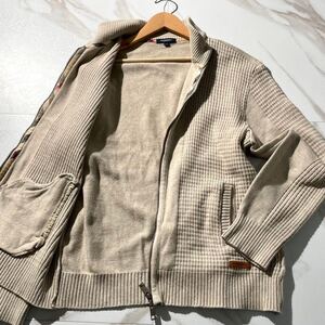 極美品/希少XL●バーバリーロンドン【ノバチェック レザーロゴ ストレッチ素材】ドライバーズニット ジャケット BURBERRY LONDON メンズ