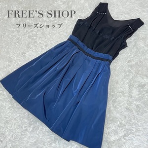 フリーズショップ FREE’S SHOP ワンピース ドレス ノースリーブ 袖なし Mサイズ ブルー ブラック ドッキング タック 光沢 パーティー