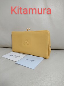 良品【Kitamura キタムラ】レザー 本革 がま口 長財布 イエロー ゴールド金具 ウォレット