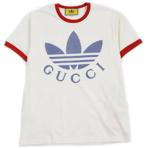 未使用品●GUCCI グッチ adidas アディダス 2022年製 702612 トレフォイルロゴ クルーネック 半袖Ｔシャツ アイボリー ブルー XS 正規品