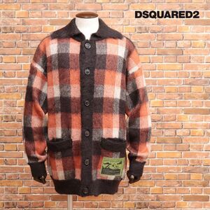 1円/23秋冬/DSQUARED2/Mサイズ/カーディガン S74HA1349 ウール モヘア混ニット チェック柄 イタリア製 新品/茶×オレンジ/jc117/