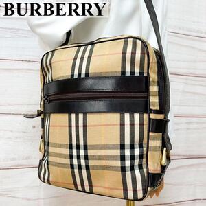 BURBERRY バーバリー ショルダーバッグ メッセンジャーバッグ ホースロゴ ノバチェック 茶色 キャンバス A4 メンズ レディース 男女兼用