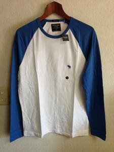 【新品】Abercrombie&Fitch アバクロ Contrast Sleeve Baseball Crew 長袖Tシャツ ラグラン S ホワイト×ブルー Muscle Fit