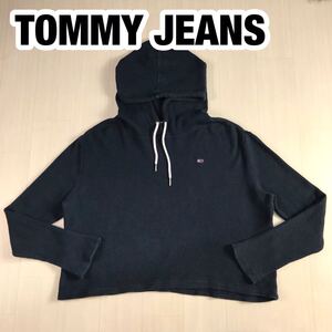 TOMMY JEANS トミージーンズ 長袖パーカー S ネイビー ワッフル生地 フラッグロゴ 刺繍ロゴ ショート丈 オーバーサイズ