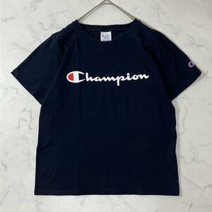 Champion チャンピオン ロゴ プリント ワッペン クルーネック リブ コットン 半袖 Tシャツ ネイビー M