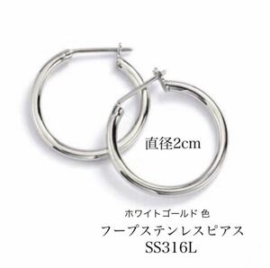 ピアス ステンレス ホワイトゴールド色 フープピアス リング 輪 20mm 普段使い 金属アレルギー対応 メンズ レディース ギフト