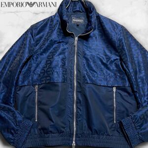 現行/美品/XLサイズ●EMPORIO ARMANI エンポリオアルマーニ ナイロン ジャケット ブルゾン ダブルジップ EAロゴ 総柄 撥水素材 ネイビー 50