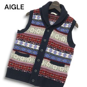 AIGLE エーグル 秋冬 ウール100％★ ノルディック柄 ショールカラー ニット ベスト Sz.S　メンズ ネイビー アウトドア　A4T11048_A#K