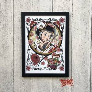 尾九 吉祥画 縁起物 春 花魁 花札 花見で一杯 A4サイズ 刺青 タトゥー tattoo イラスト 絵 桜柄 狐の面 フレーム付き アートフレーム