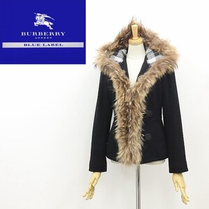 ◆BURBERRY BLUE LABEL バーバリー ブルーレーベル 裏地チェック柄 アンゴラ混 ウール ラクーンファー付 フーデッド ショート コート 36