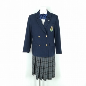 1円 ブレザー チェックスカート 上下4点セット L 大きいサイズ カンコー 冬物 女子 学生服 埼玉上尾南高校 紺 制服 中古 ランクC EY8372