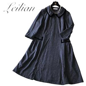 C08◆極美品 レリアン Leilian プラスハウス 大きいサイズ 13+ XL 前後ゆったり ウール フレア ワンピース 身幅52cmドット ストレッチ 秋冬