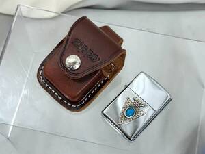 美品 USA ZIPPO/ジッポーTURQUOISE/ターコイズラッキー/パワーストーン 矢じりデザインライター+純正革ポーチ USEDコレクション ほぼ未使用