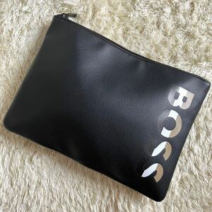 【現行モデル/未使用級】HUGO BOSS ヒューゴボス クラッチバッグ セカンドバック ロゴ ストライプ ポーチ 小物 ビジネス レザー メンズ 黒