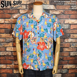 【S】ブルー　SUN SURF サンサーフ　 レーヨンハワイアンシャツ LOVELY HULA HANDS ラブリーフラハンド SS39213 東洋エンタープライズ