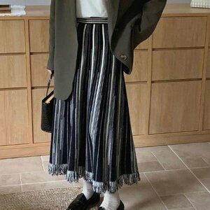 ロングスカート 韓国風レディース服 着痩せ カジュアル オシャレ フリー ブラック