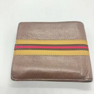 1円〜 Paul Smith ポールスミス 二つ折り財布 折りたたみ財布 レザー ブランド財布 メンズ ブラウン イエローライン 横約22cm 縦約9.8cm