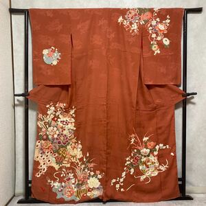 アンティーク 着物 付下げ しつけ糸一部あり 花 金駒刺繍 刺繍 金彩 昭和レトロ大正ロマン モダン リメイク 和洋折衷 絹 正絹100% さ26-4w